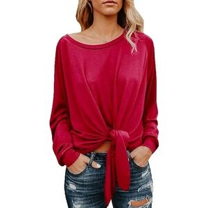 Women's Long Sleeve Boat Neck Off Shoulder Blouse Top Tie Front Soft Size L Red